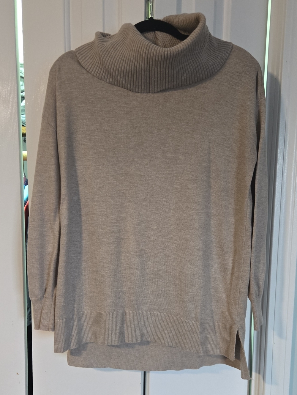 LOFT Neutral Taupe Ribbed Cowl Neck Sweater